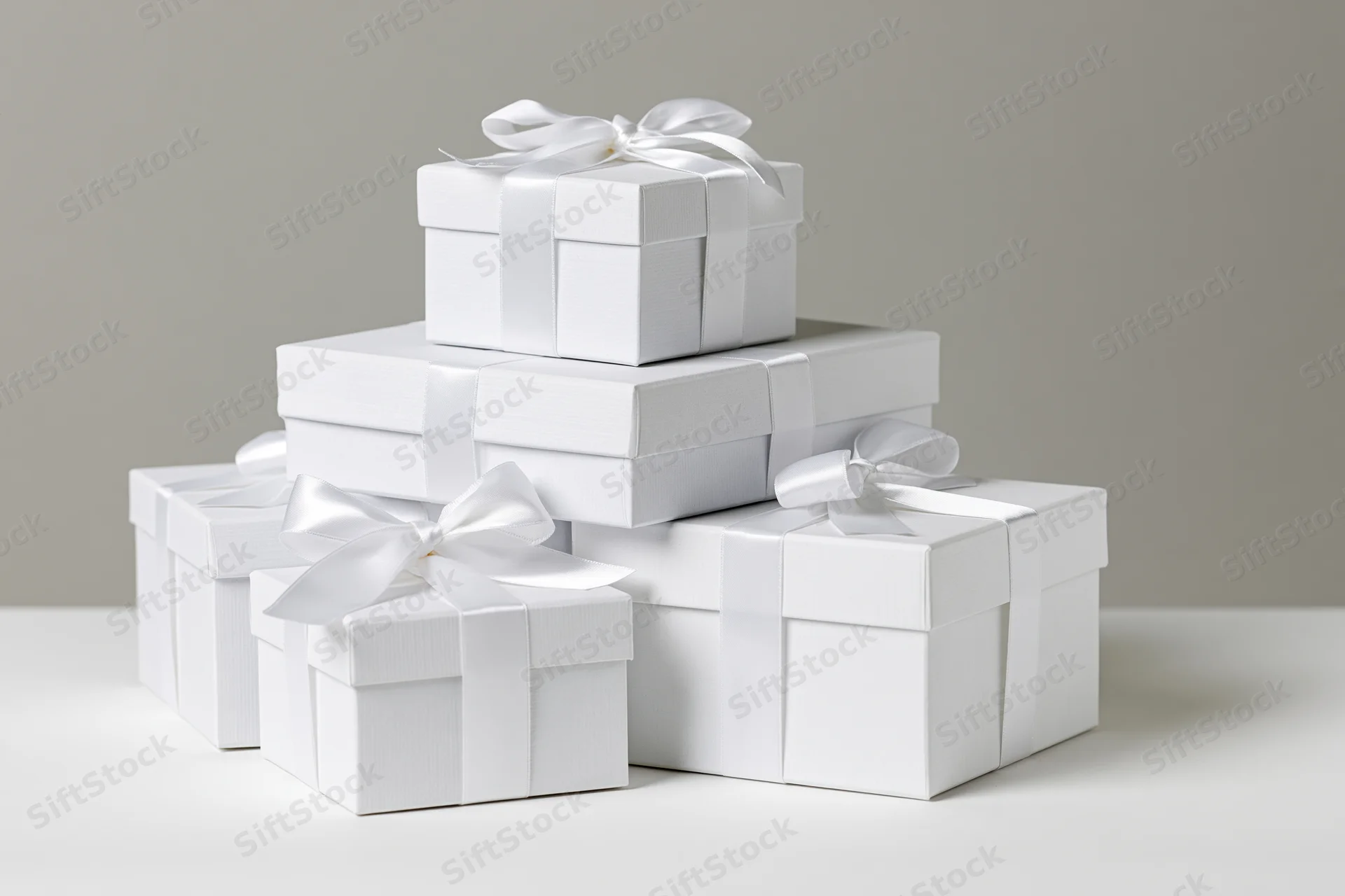 White gift boxes stacked in a pyramid arrangement on a plain surface