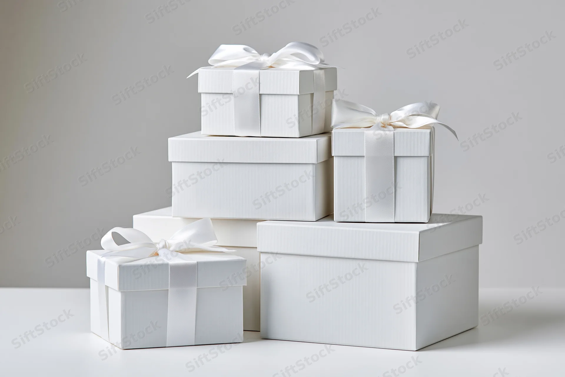 White gift boxes stacked and arranged on a plain surface with ribbons and bows