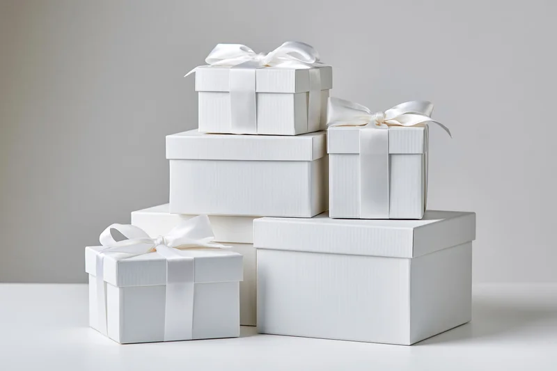 White gift boxes stacked and arranged on a plain surface with ribbons and bows