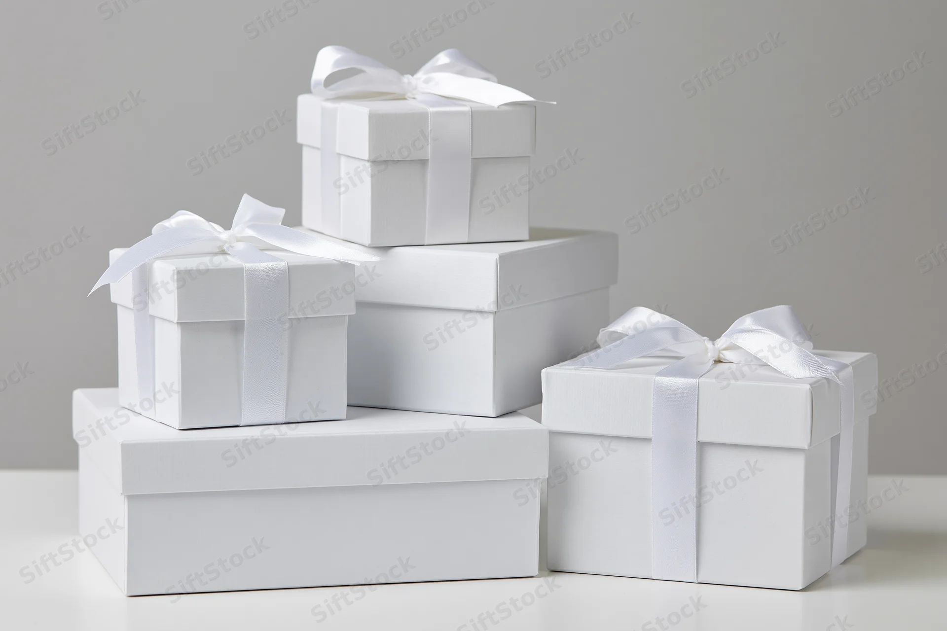 White gift boxes stacked and arranged on a plain surface with ribbons and bows