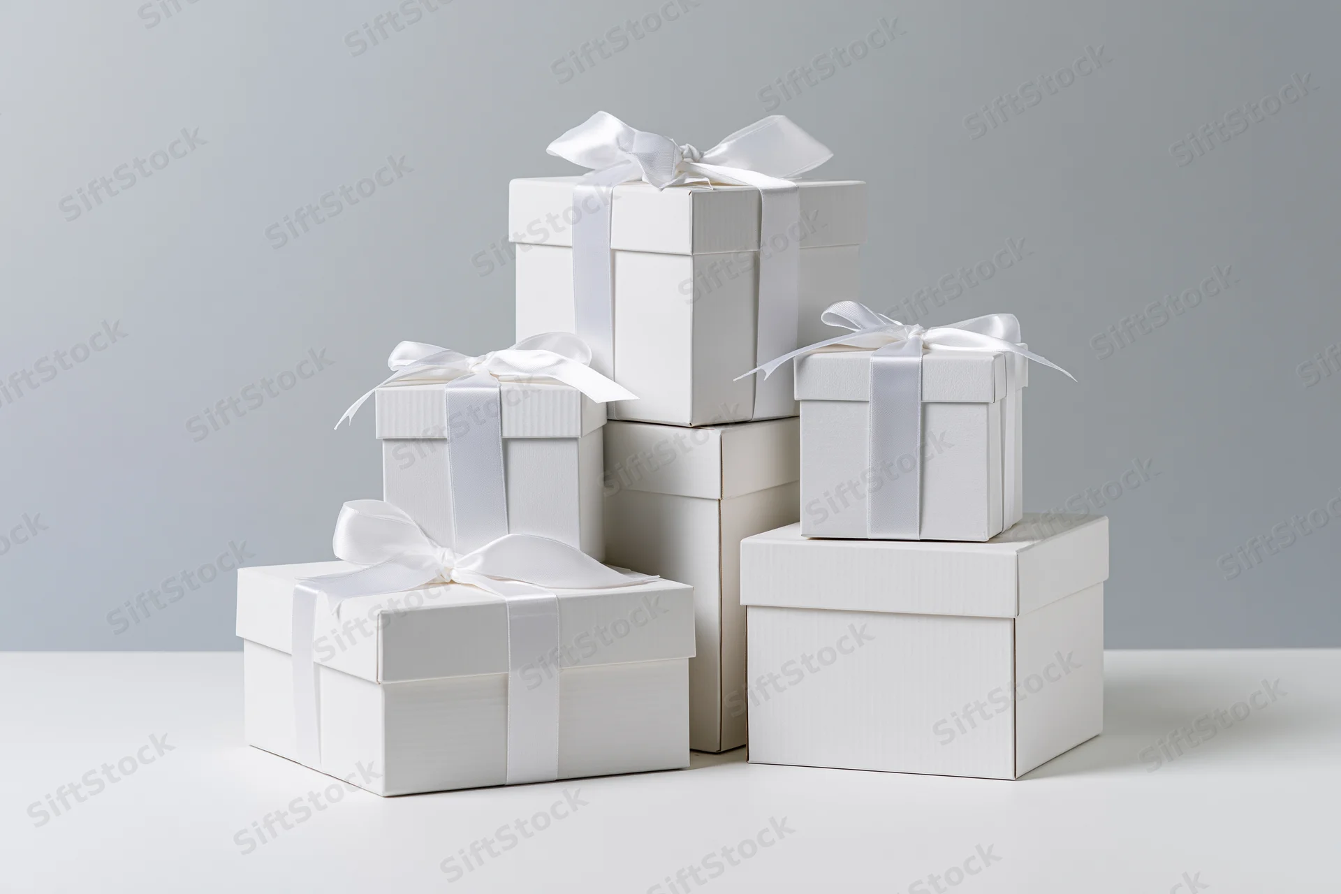 White gift boxes stacked and arranged on a plain surface with ribbons and bows