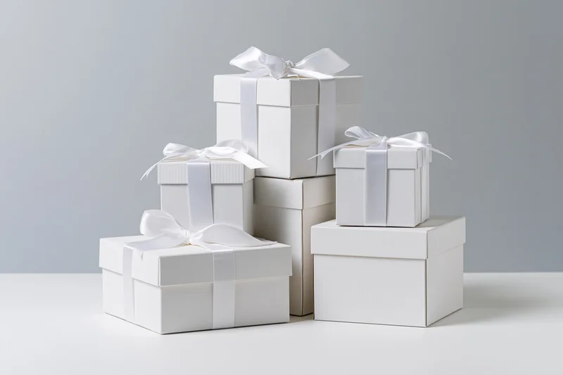 White gift boxes stacked and arranged on a plain surface with ribbons and bows