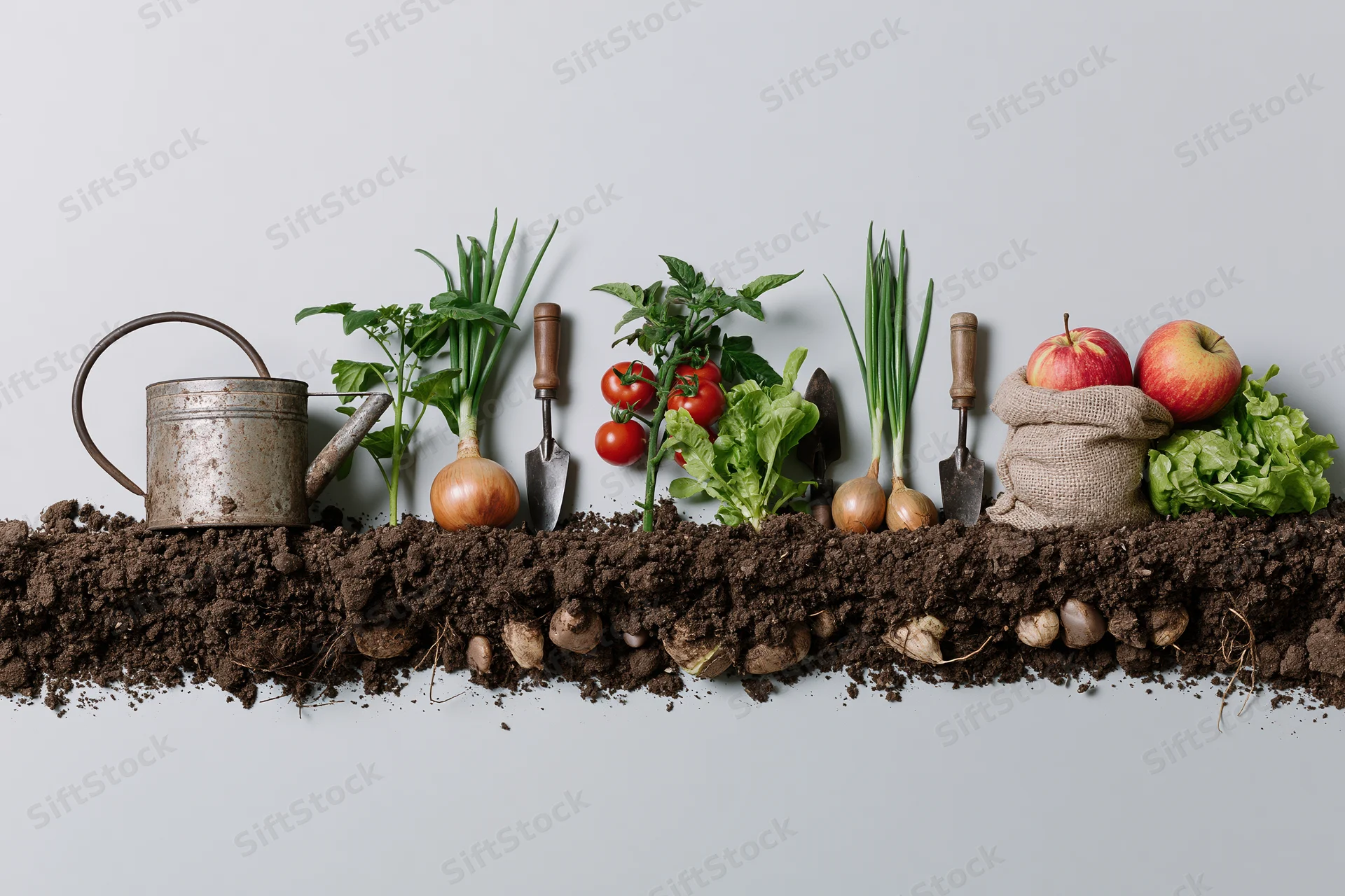 Horizontal cross-section of garden soil with vegetables, tools and produce arranged in a flat lay