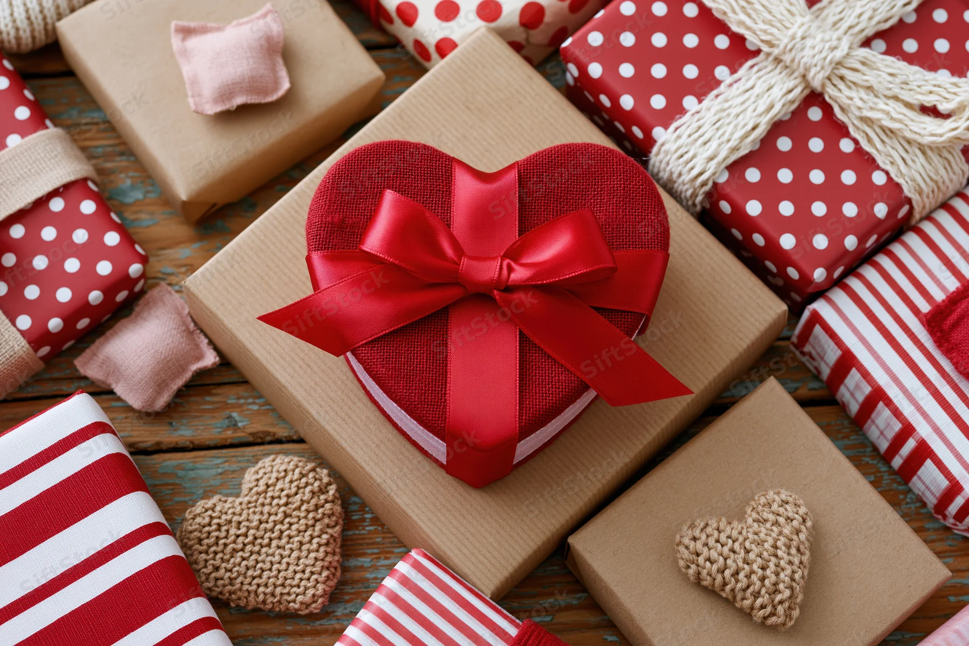 Heart-shaped gift box with red ribbon surrounded by wrapped presents on wooden surface