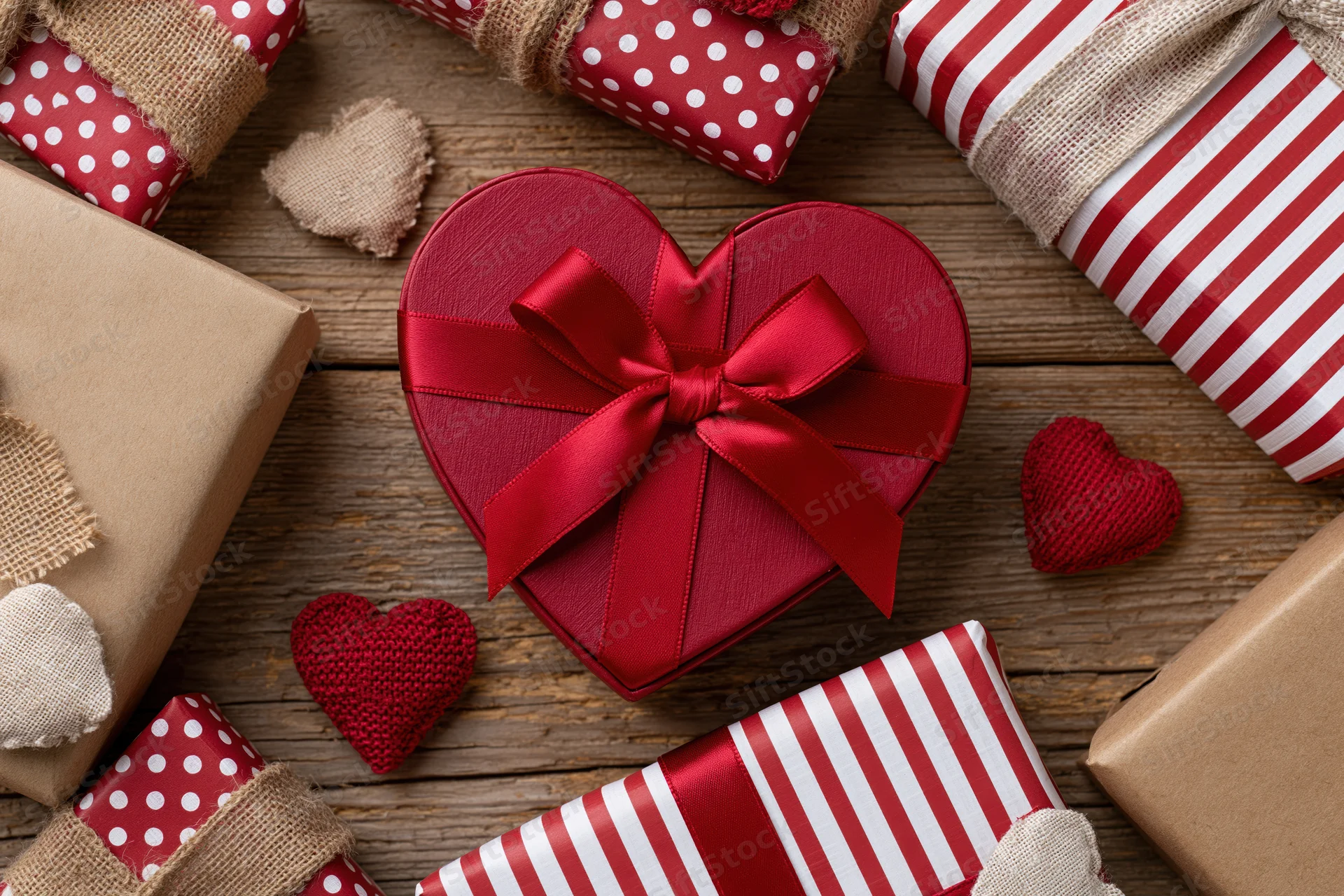 Heart-shaped gift box with red ribbon surrounded by wrapped presents on wooden surface