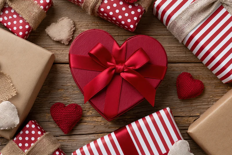 Heart-shaped gift box with red ribbon surrounded by wrapped presents on wooden surface