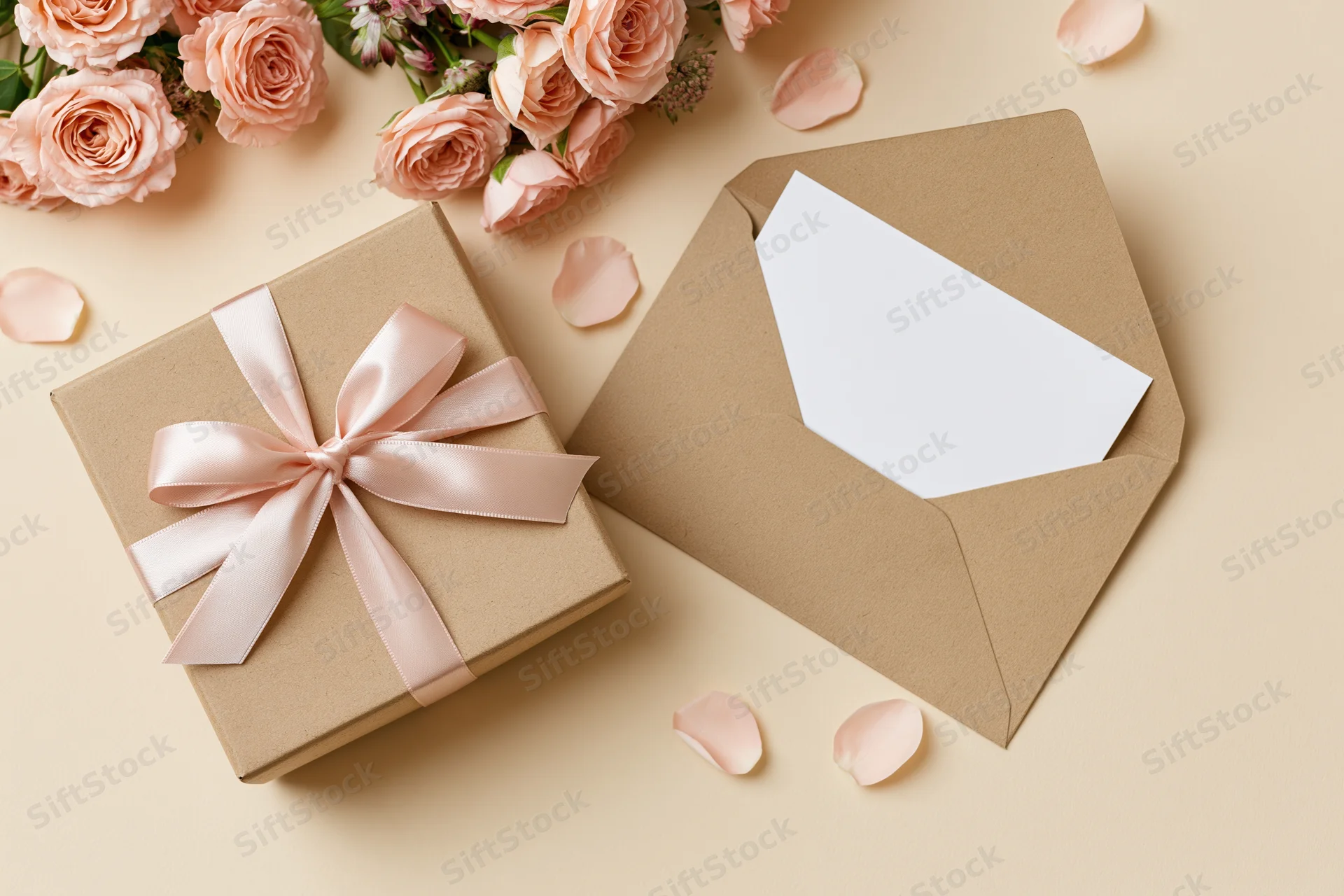 Kraft paper gift box with pink ribbon and open envelope beside roses and petals on beige surface