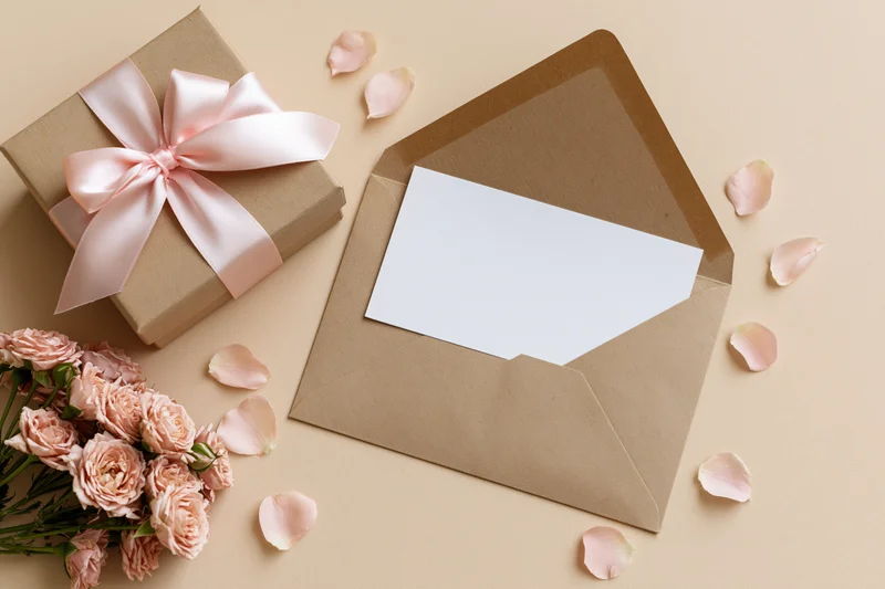Kraft gift box with pink ribbon and open envelope containing blank card, surrounded by roses and petals on beige surface