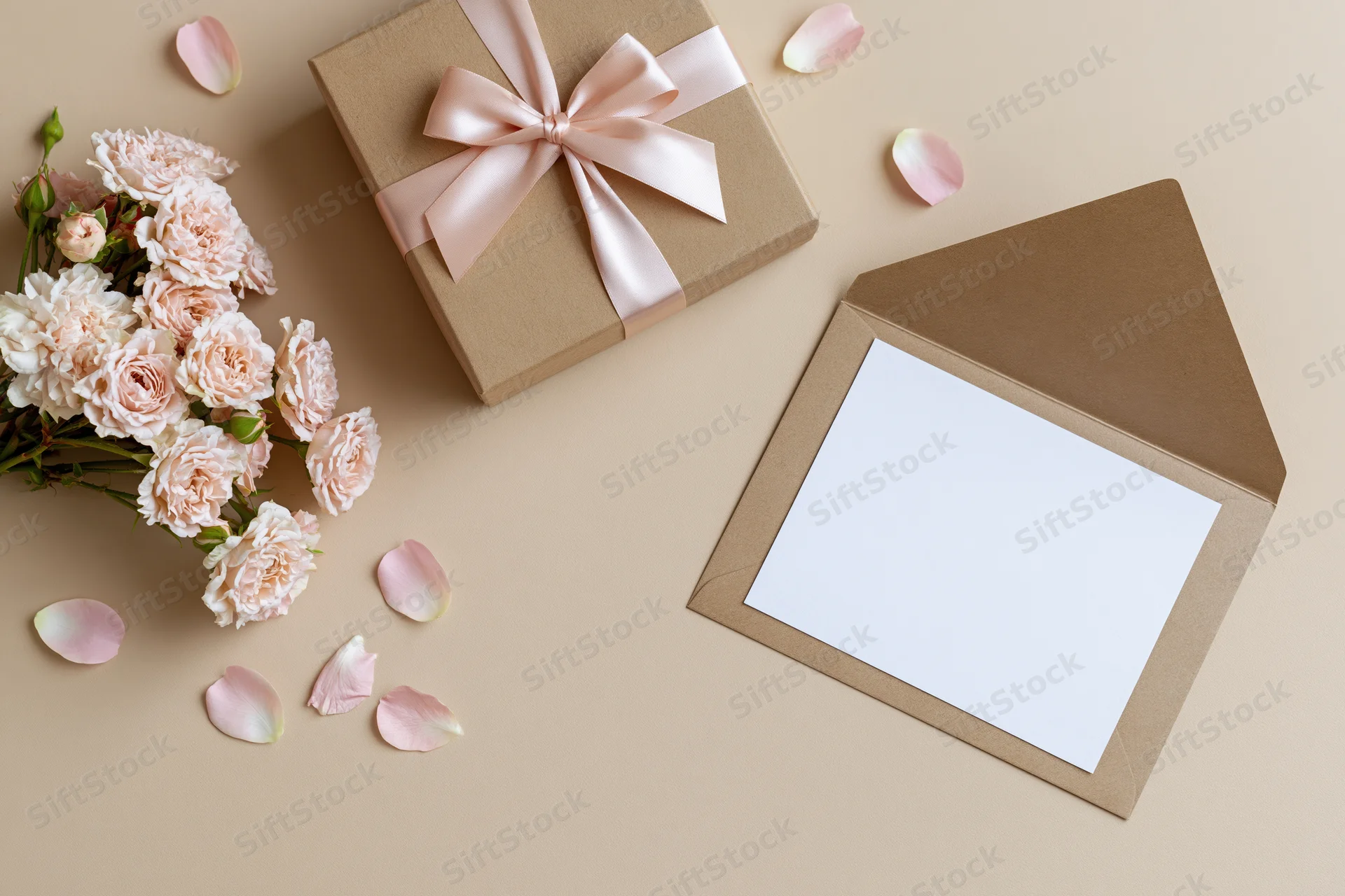 Flat lay of a kraft paper gift box with pink ribbon, open envelope holding blank card, and bouquet of pink peonies with scattered petals on beige background