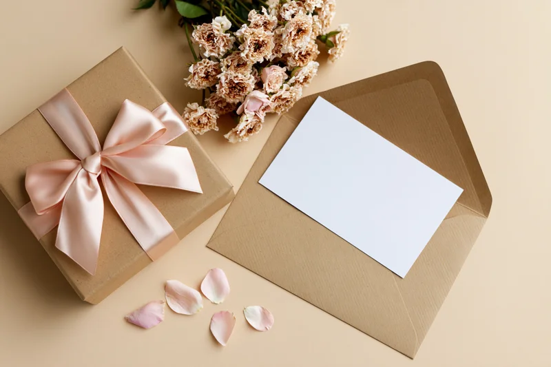 Kraft paper gift box with pink ribbon and open envelope holding blank card beside a bouquet of flowers and scattered petals on a beige surface