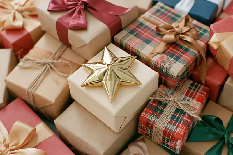 Pile of wrapped christmas gifts in various papers and ribbons, overhead view