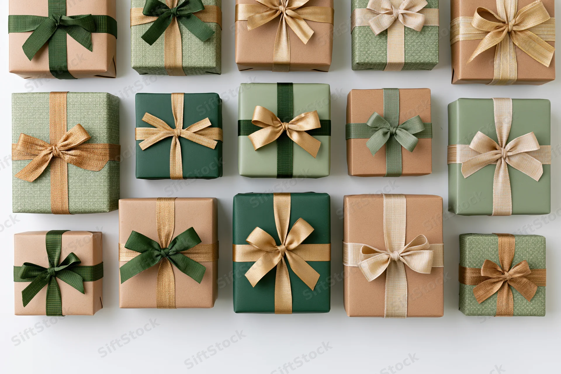 Assorted christmas gift boxes with ribbons and bows arranged in grid on white surface