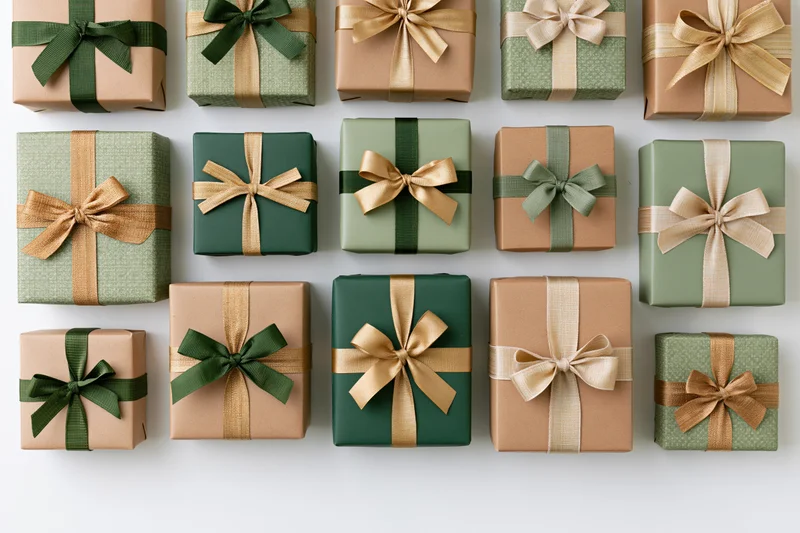 Assorted christmas gift boxes with ribbons and bows arranged in grid on white surface