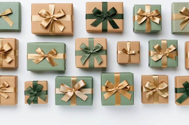 Assorted christmas gift boxes arranged in neat rows on white surface