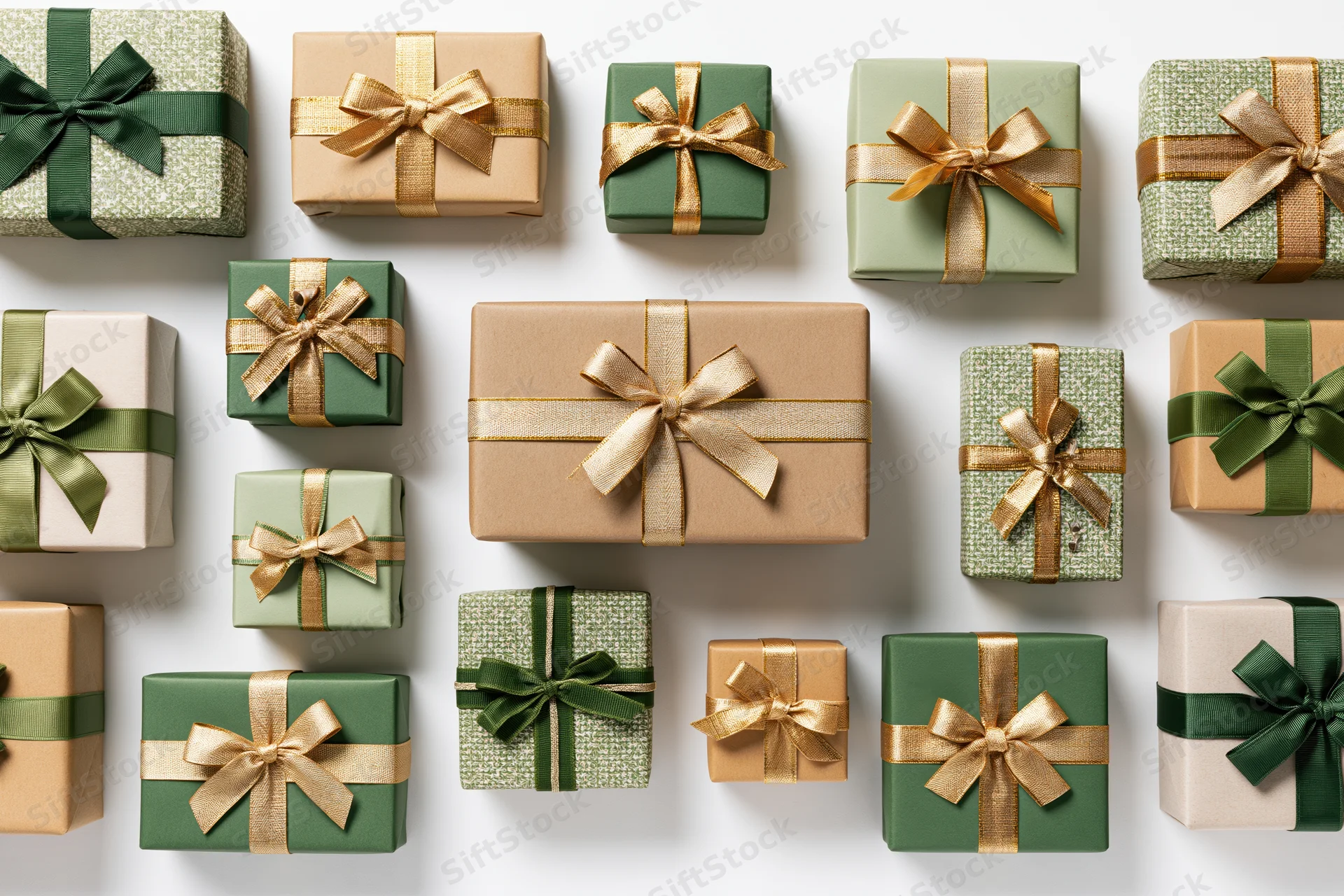Assorted christmas gift boxes wrapped in green and beige paper with gold and green ribbons arranged in flat lay on white surface