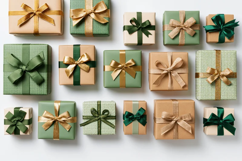 Assorted christmas gift boxes arranged in rows on white background