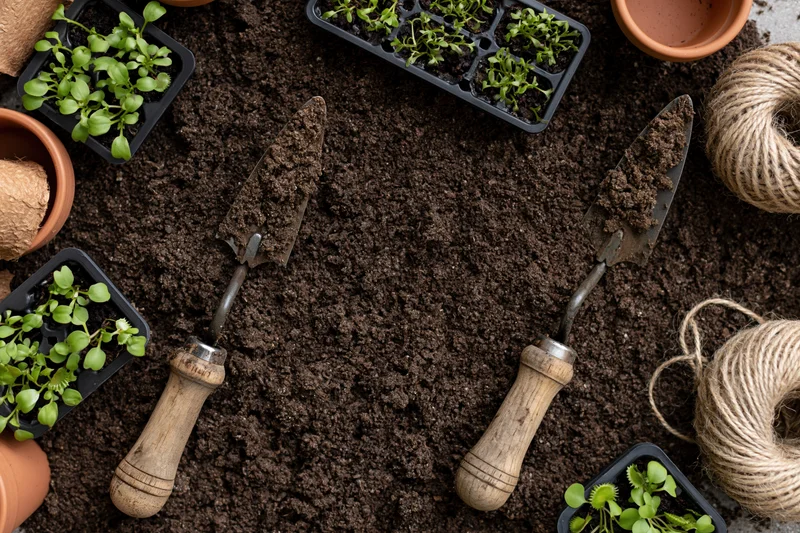 Gardening tools and seedlings arranged on dark soil in a flat lay composition
