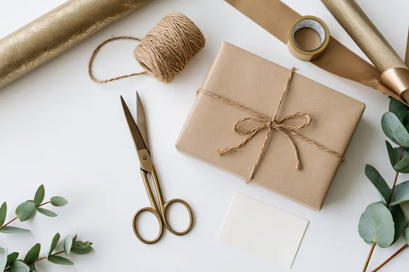 Gift wrapped in kraft paper with twine bow surrounded by wrapping supplies on white surface