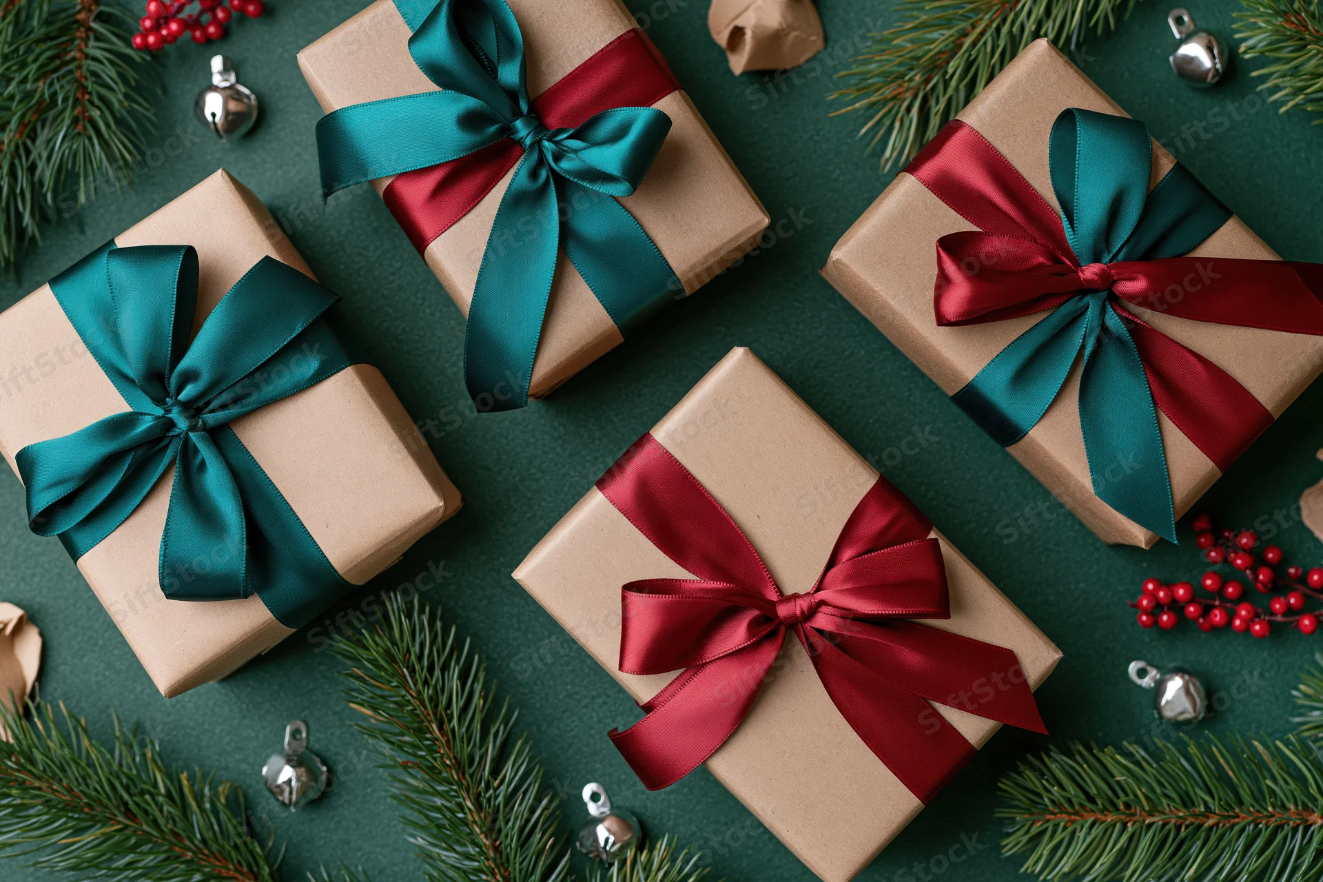 Four kraft paper gift boxes with teal and crimson ribbons arranged on a dark green surface with pine branches, berries, and silver bells
