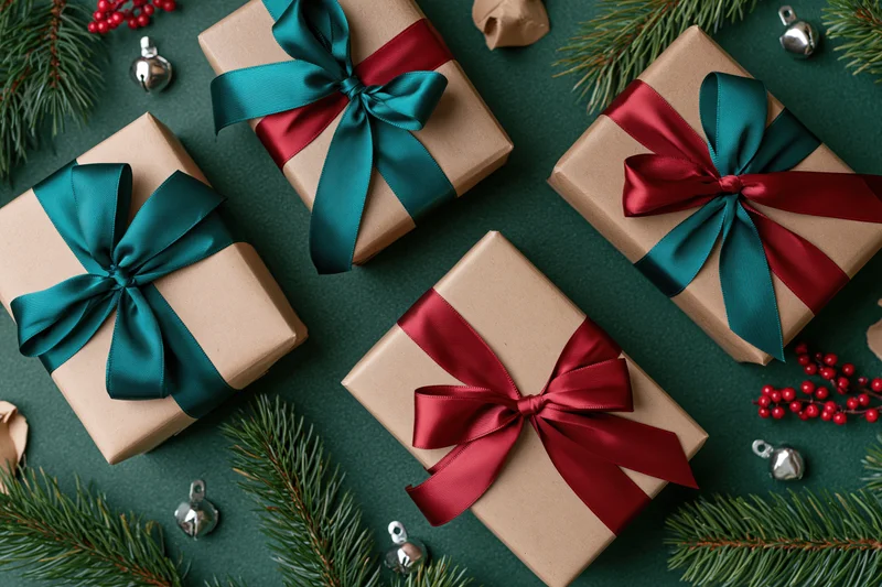 Four kraft paper gift boxes with teal and crimson ribbons arranged on a dark green surface with pine branches, berries, and silver bells