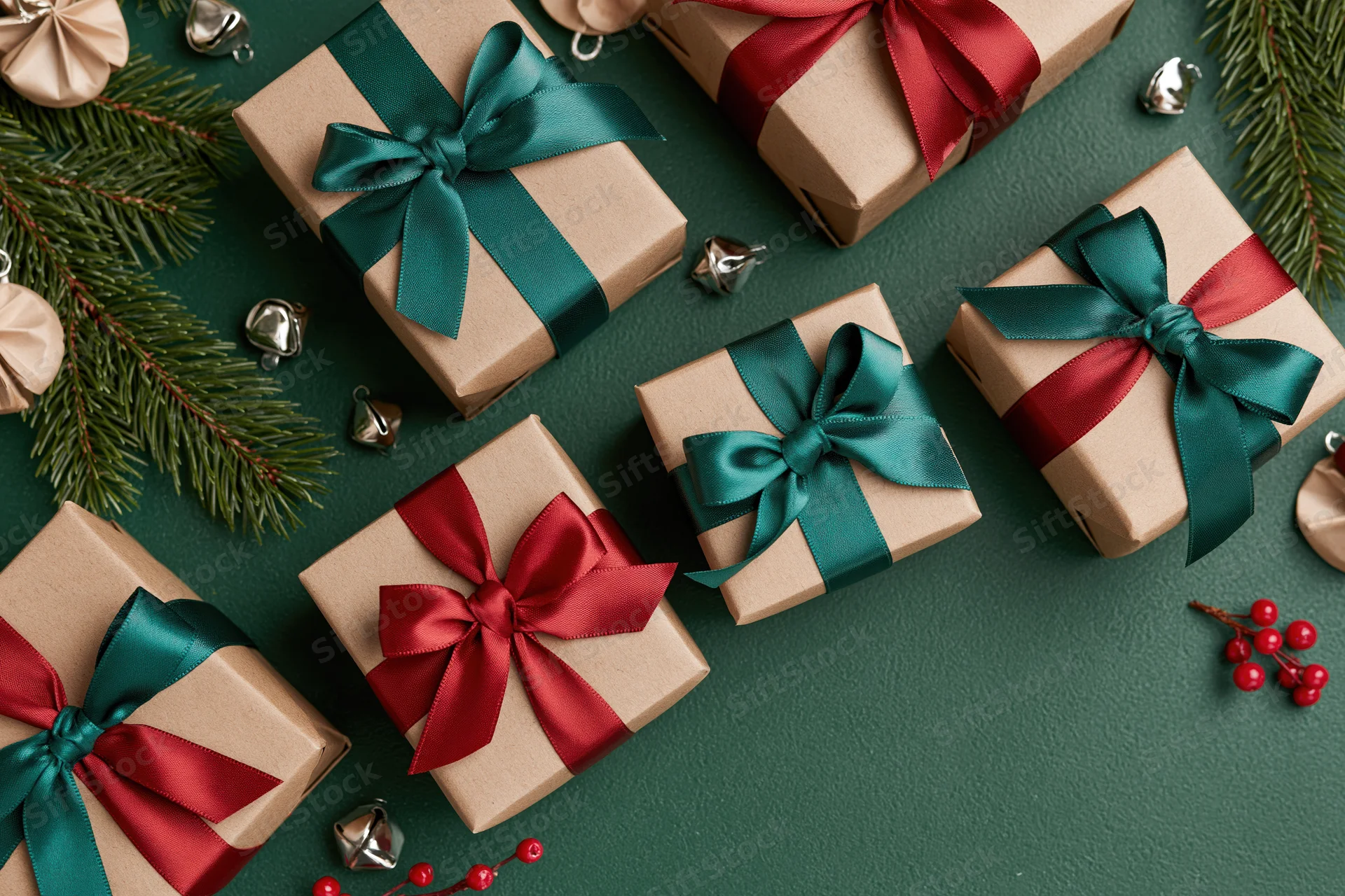 Gift boxes wrapped in kraft paper with teal and crimson ribbons arranged on a green surface with pine branches and jingle bells