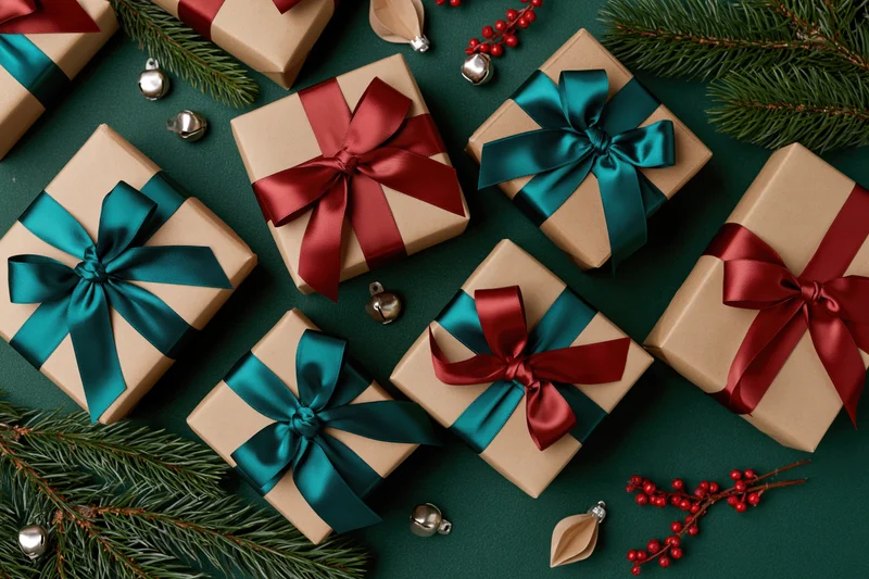 Gift boxes wrapped in kraft paper with teal and crimson ribbons arranged on a dark green surface with pine branches and holiday ornaments
