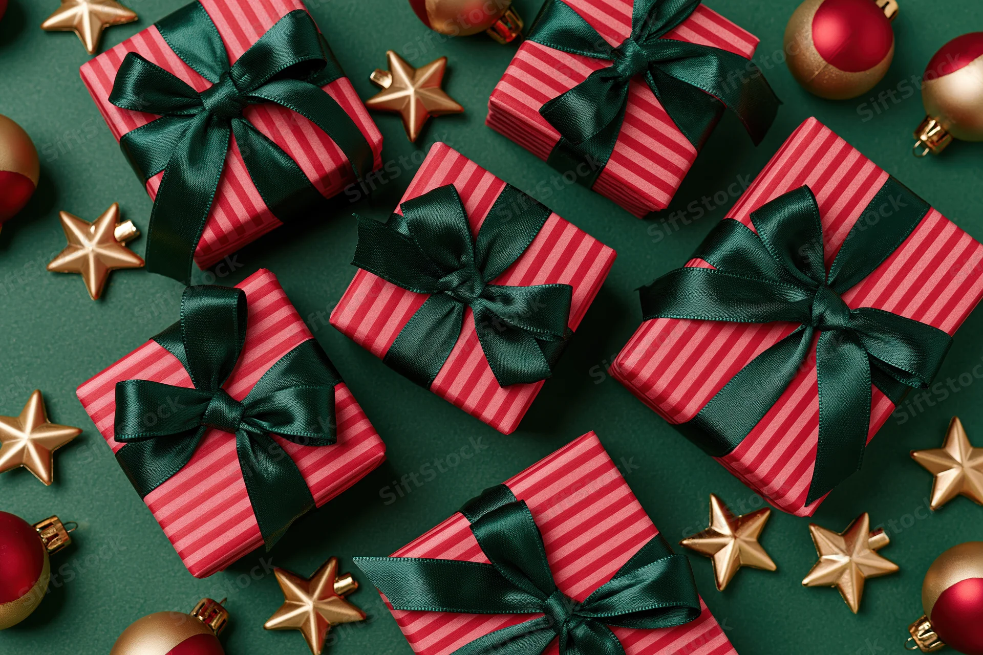 Red striped gift boxes with dark green satin bows arranged on green surface with gold stars and baubles