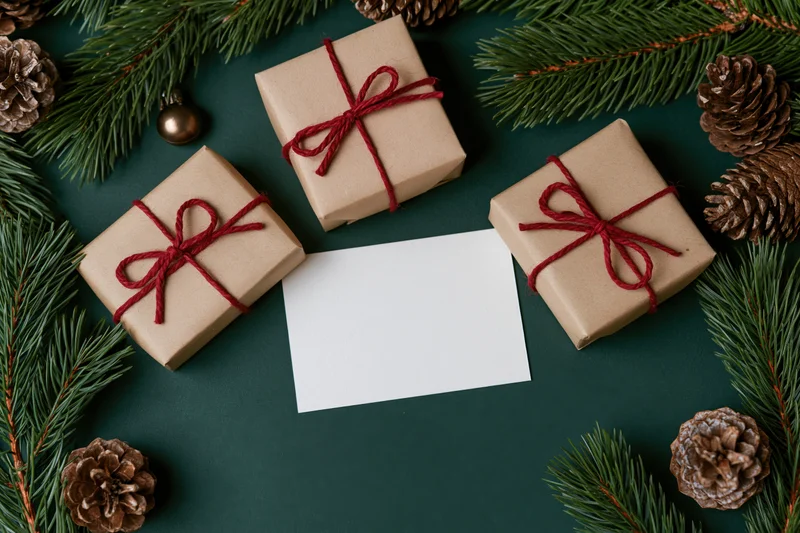 Three kraft paper gift boxes tied with red twine arranged with pine branches and pinecones on dark green surface, blank card in center