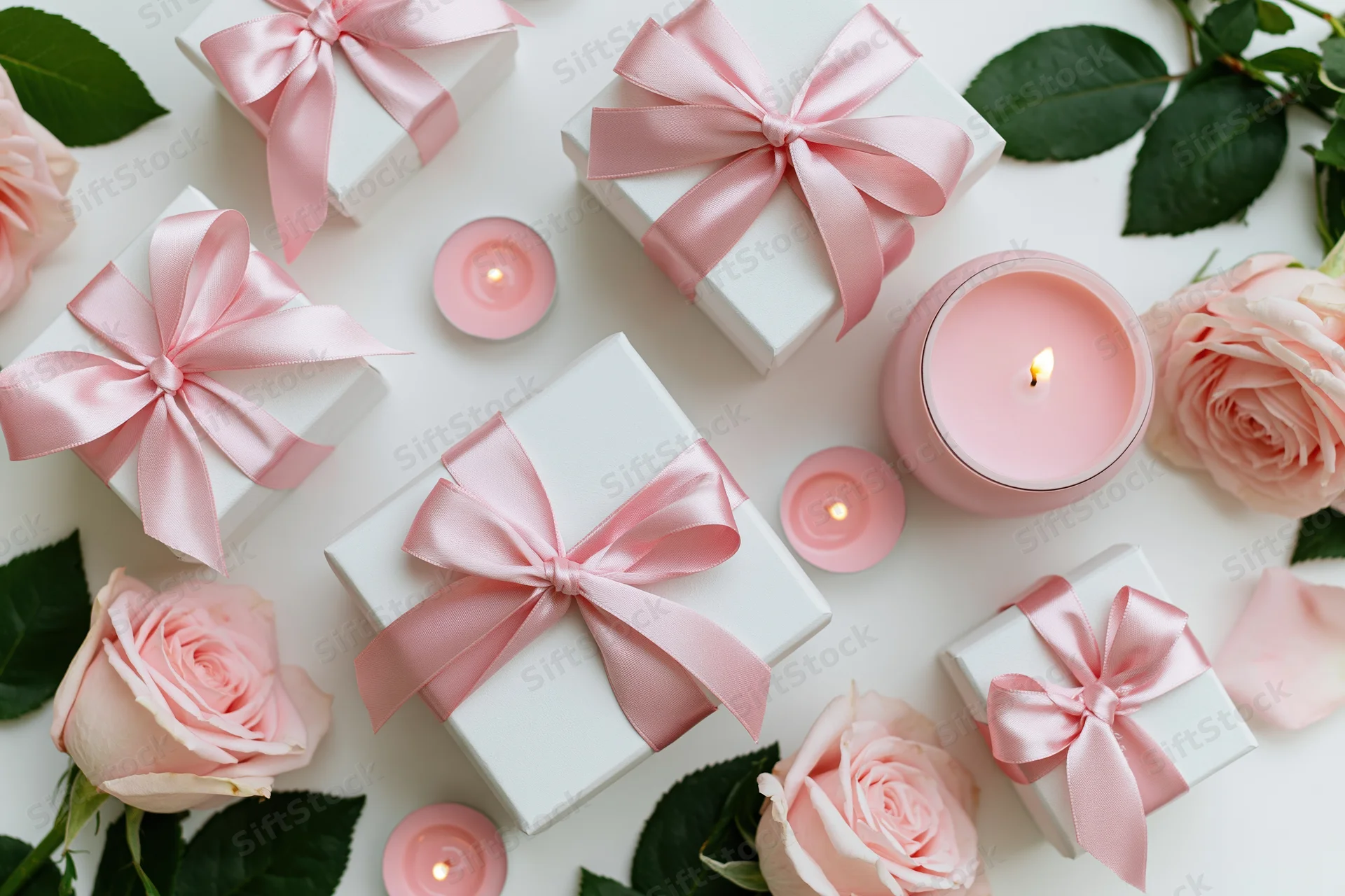 White gift boxes with pink satin ribbon bows arranged with roses and candles on a white surface
