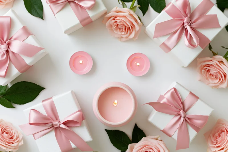 White gift boxes with pink satin ribbon bows arranged with roses and candles on a white surface