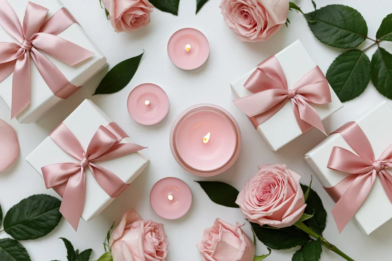 White gift boxes with pink satin ribbon bows arranged with roses and candles on white surface