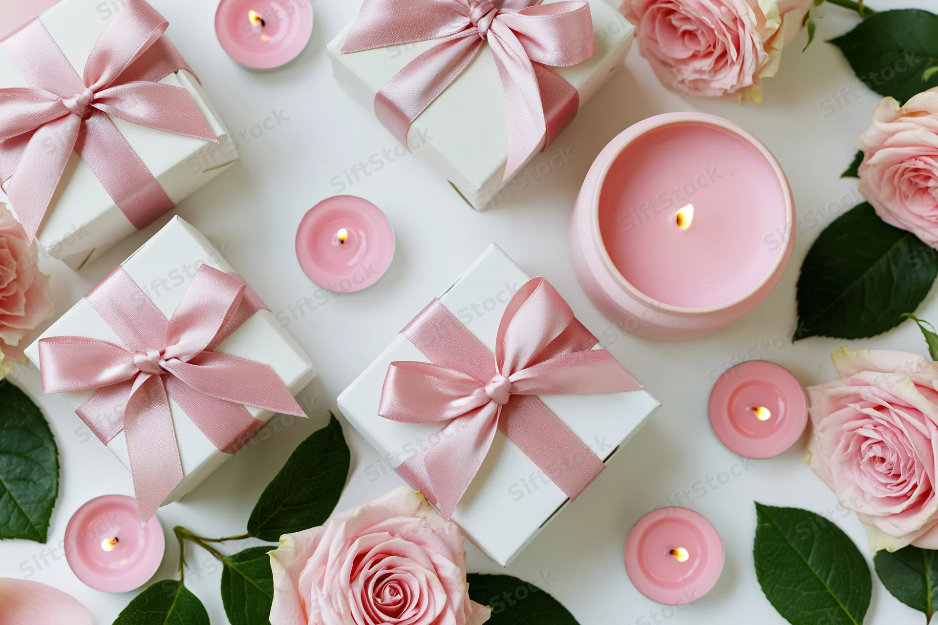 White gift boxes with pink satin ribbon bows arranged with pink roses and lit candles on a flat surface