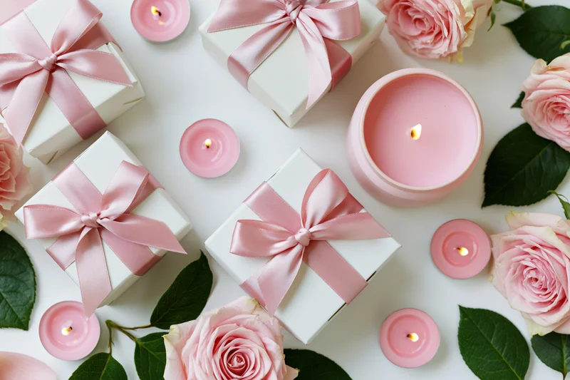White gift boxes with pink satin ribbon bows arranged with pink roses and lit candles on a flat surface