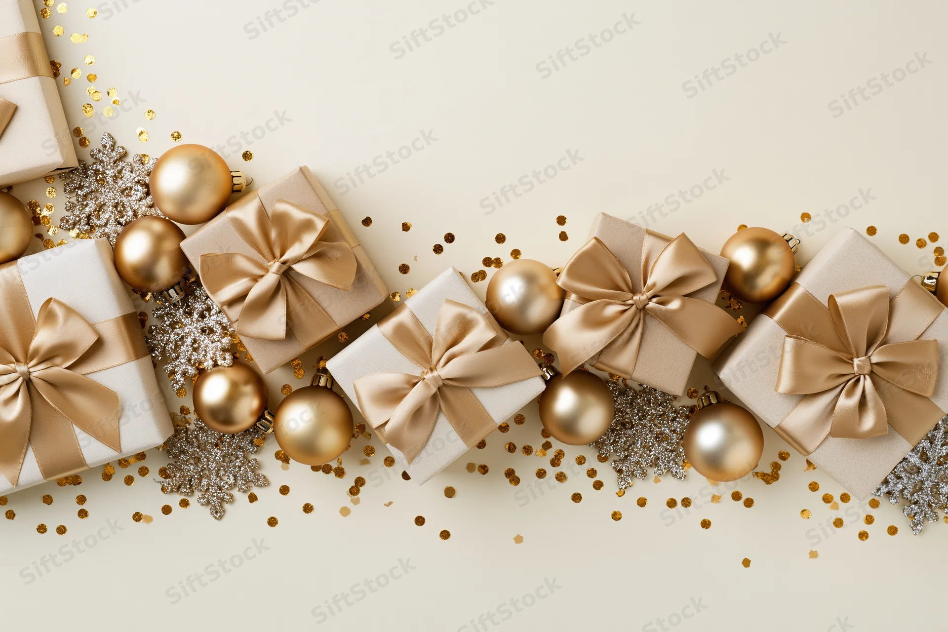 Wrapped gift boxes with gold satin bows and ornaments arranged in a flat lay on a light surface with confetti and snowflakes