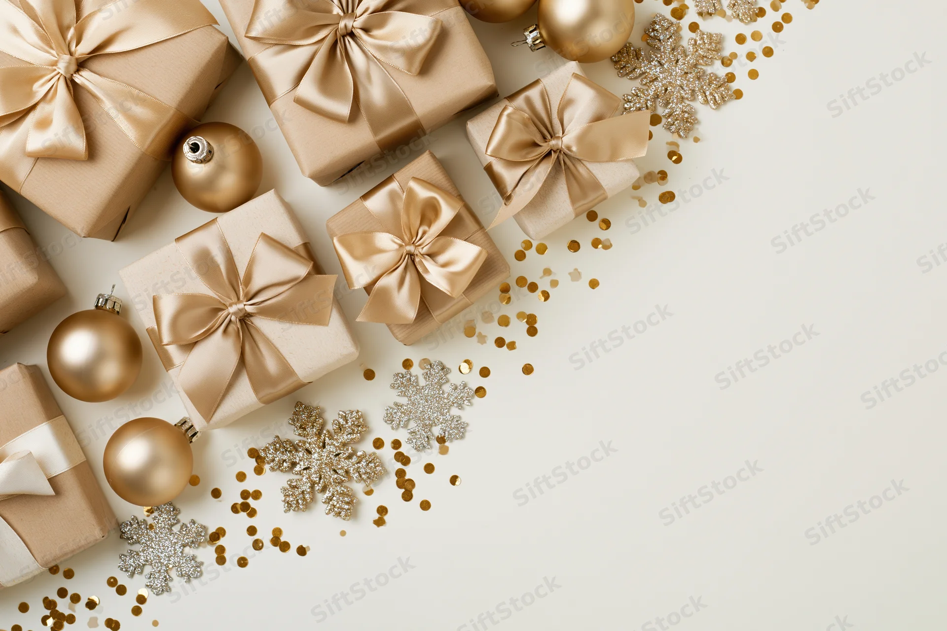 Wrapped gift boxes with gold satin ribbon bows and holiday ornaments arranged in flat lay on white surface with copyspace