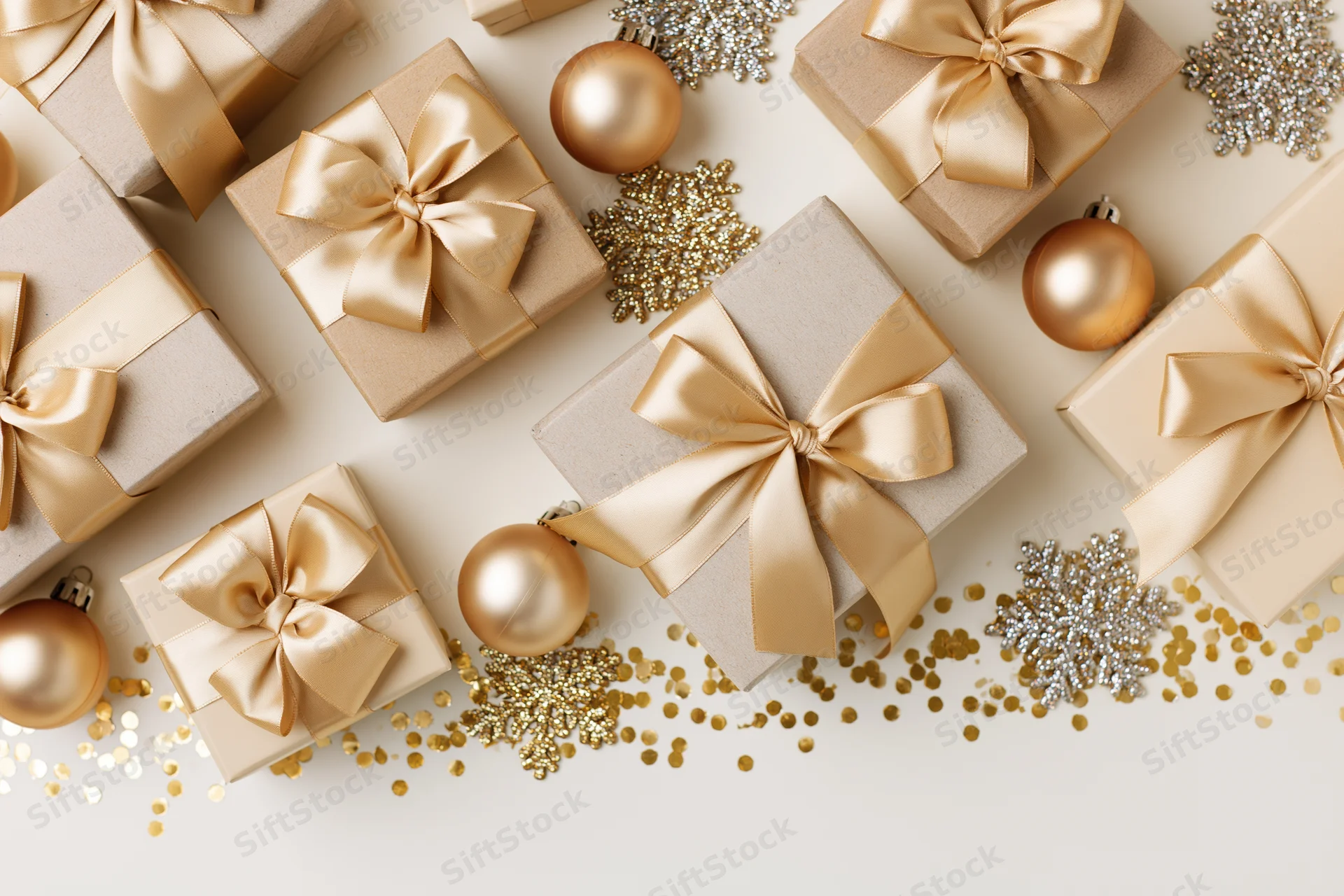 Flat lay of gift boxes with gold satin ribbon bows and ornaments on white surface