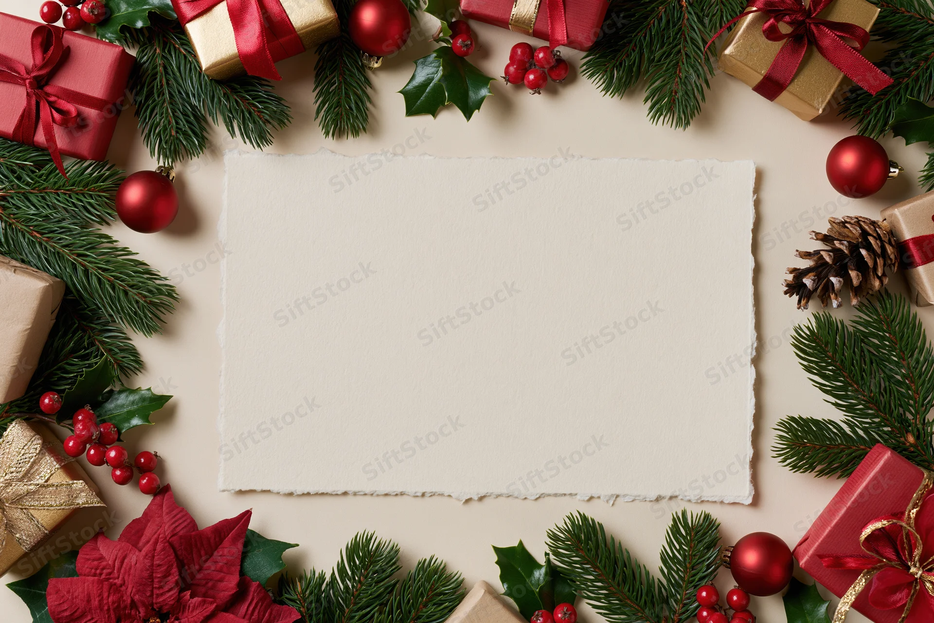 Christmas decorative border framing blank paper with gifts and foliage overhead flat lay