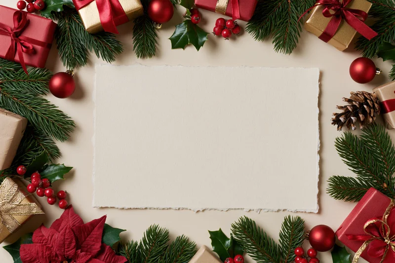 Christmas decorative border framing blank paper with gifts and foliage overhead flat lay