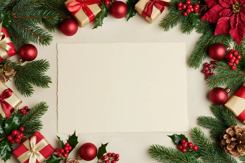 Flat lay overhead shot of a Christmas decorative border frame