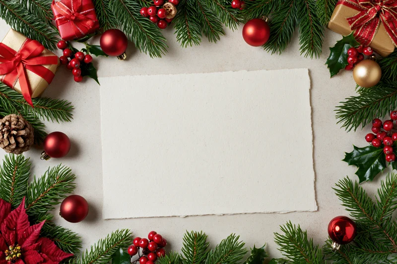 Christmas decoration border framing blank paper on flat lay surface