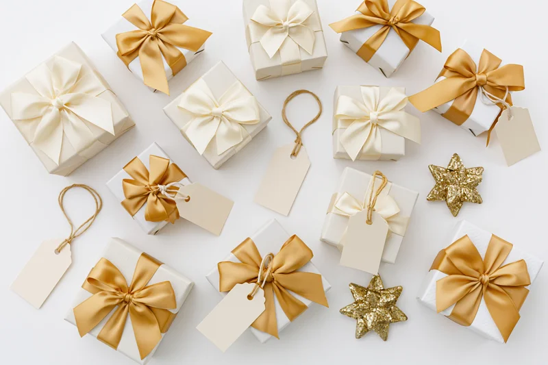 White gift boxes with gold and cream ribbons and tags arranged in flat lay on white background