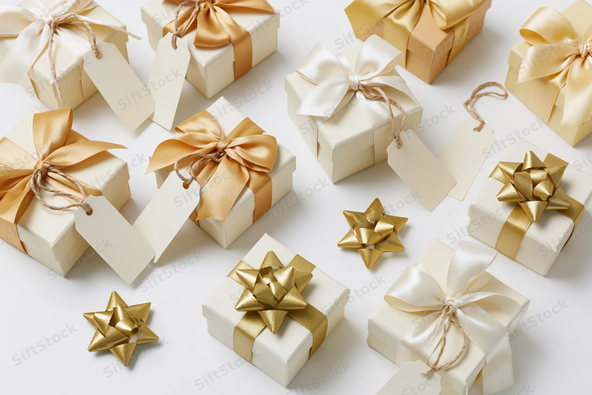 Gift boxes with gold and white ribbons and tags arranged in a flat lay on white background