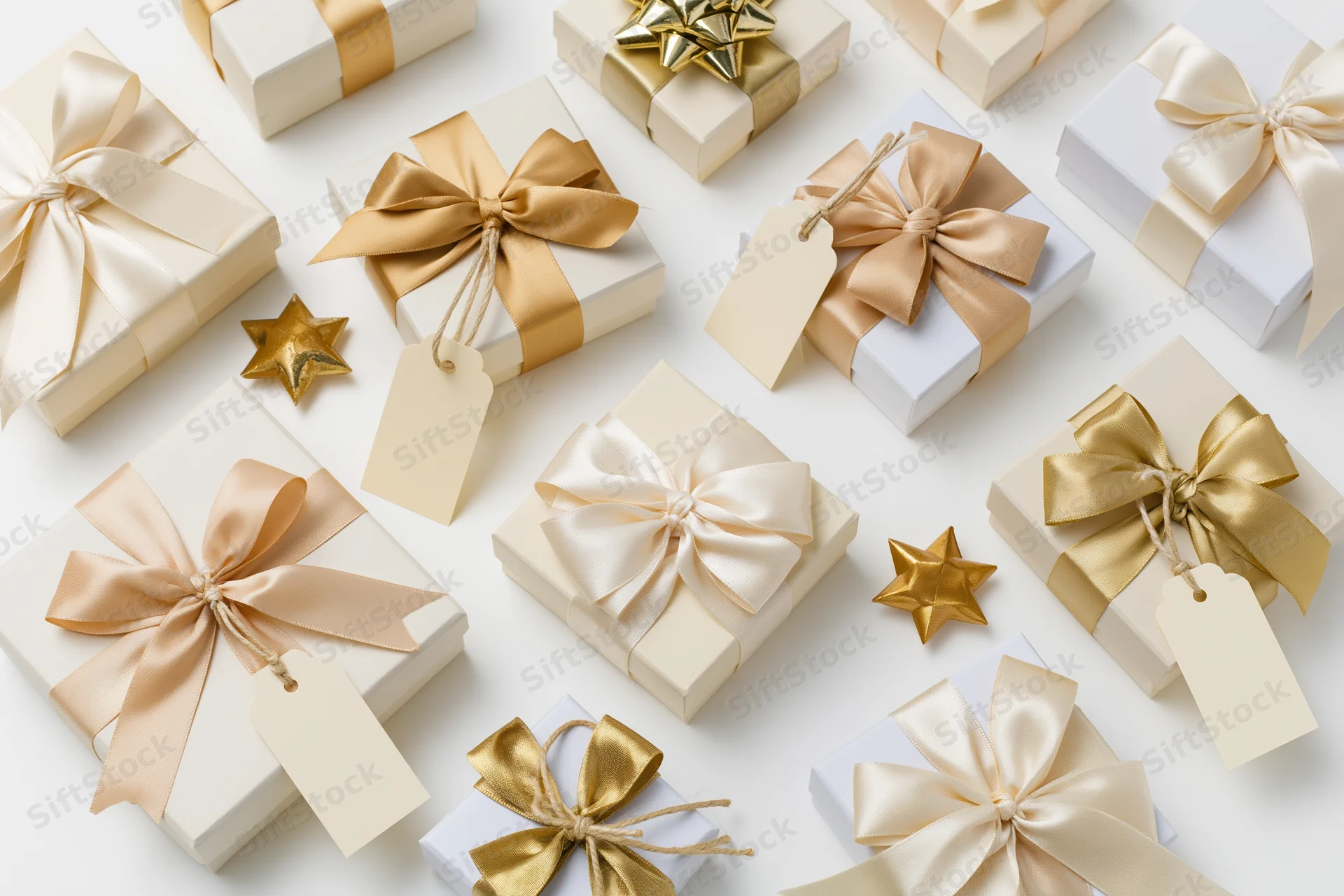 Gift boxes with ribbons and tags arranged on white surface