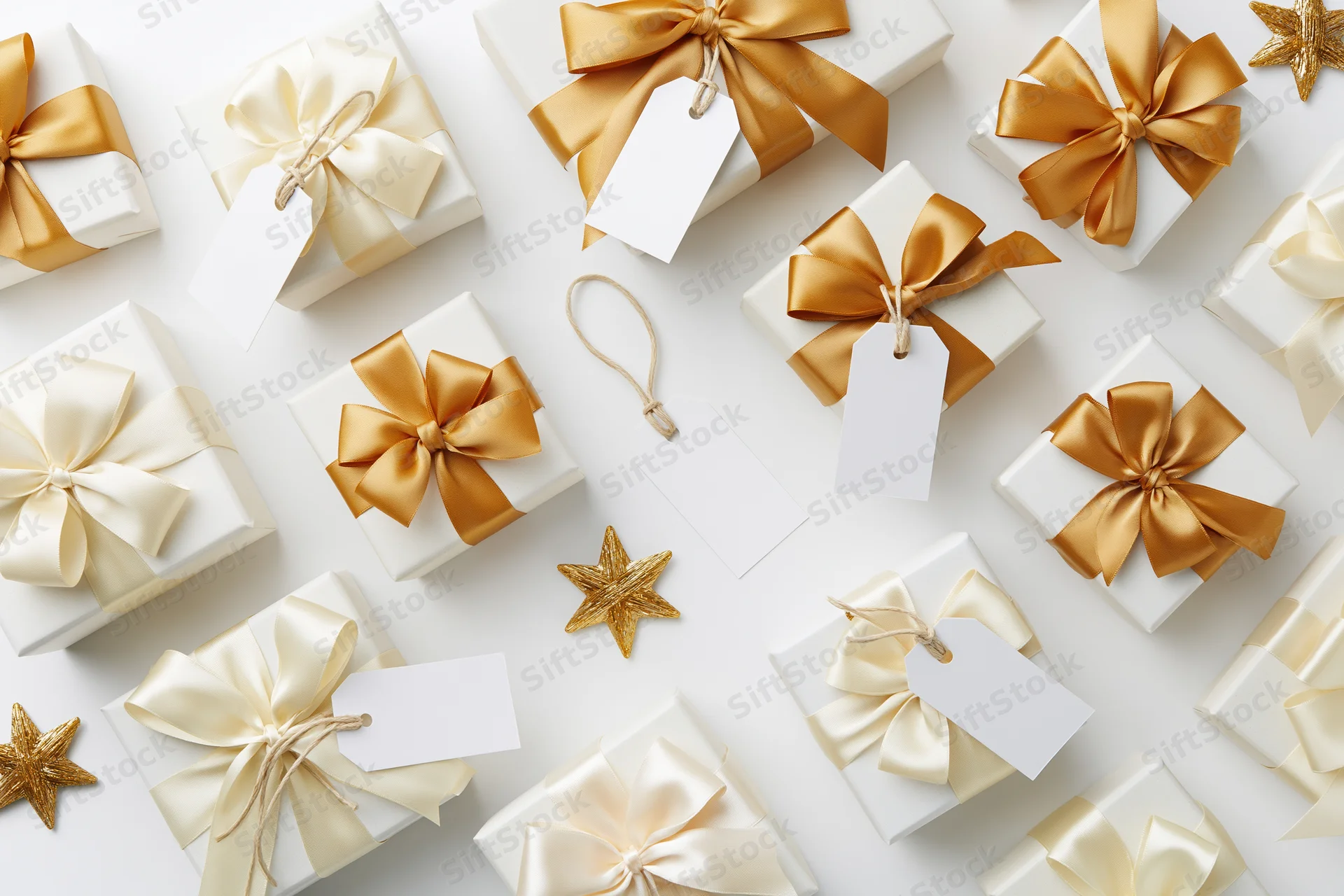 Gift boxes with gold and white ribbons and blank tags arranged in flat lay on white surface