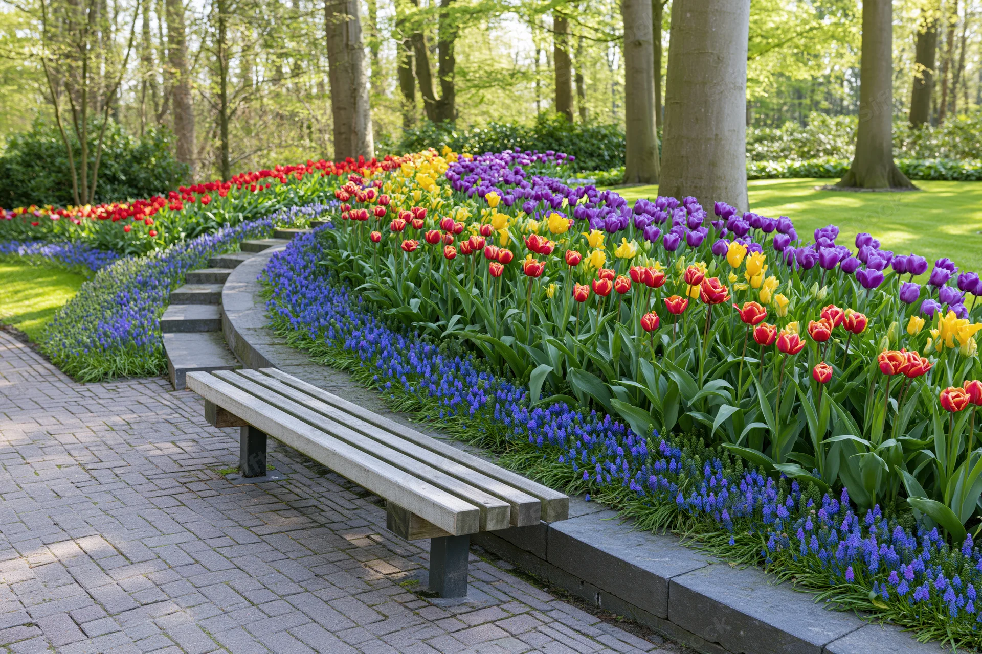 Curved flower beds with red yellow purple tulips and blue hyacinths beside a wooden bench along a brick pathway in a spring garden