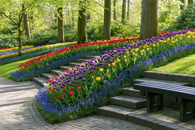 Curved flower beds with red, purple, yellow tulips and blue hyacinths along stone steps in a green park garden