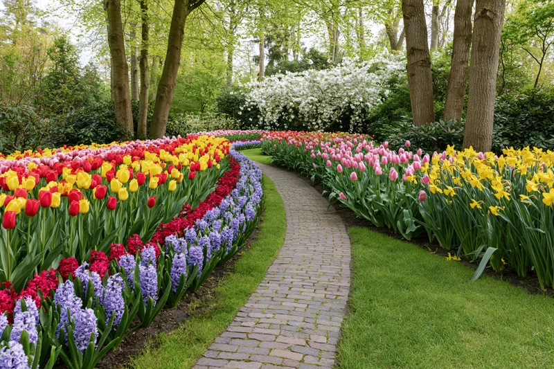 Curving brick path winding through colorful tulip and hyacinth flowerbeds in a spring garden