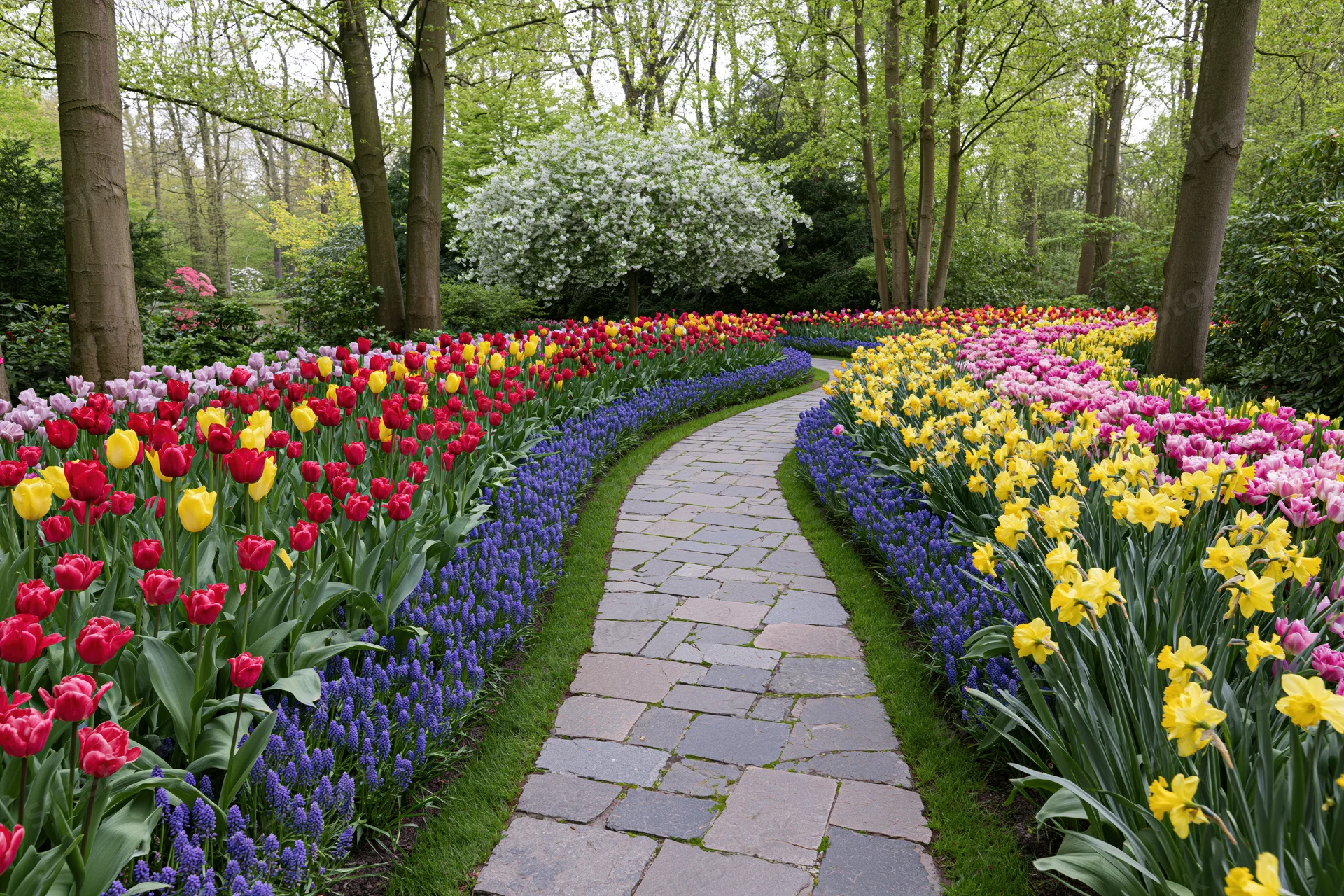 Curving stone path winding through colorful tulip, daffodil and hyacinth beds in a formal spring garden