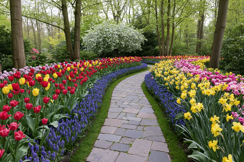 Curving stone path winding through colorful tulip, daffodil and hyacinth beds in a formal spring garden
