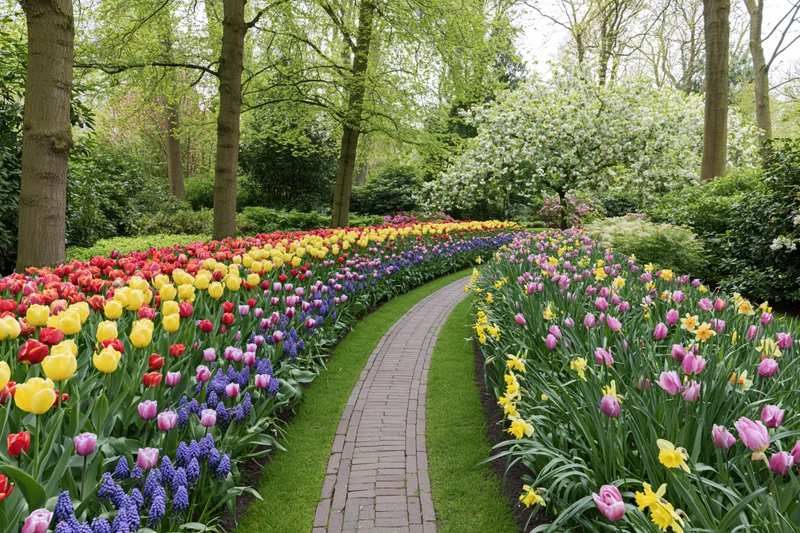 Curving brick path winding through colorful tulip and daffodil beds in a spring garden surrounded by trees and greenery